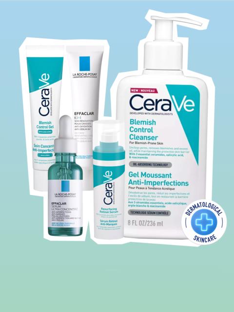 Set of skincare products for blemish control, including cleanser, gel, and serums. They feature blue and white packaging.